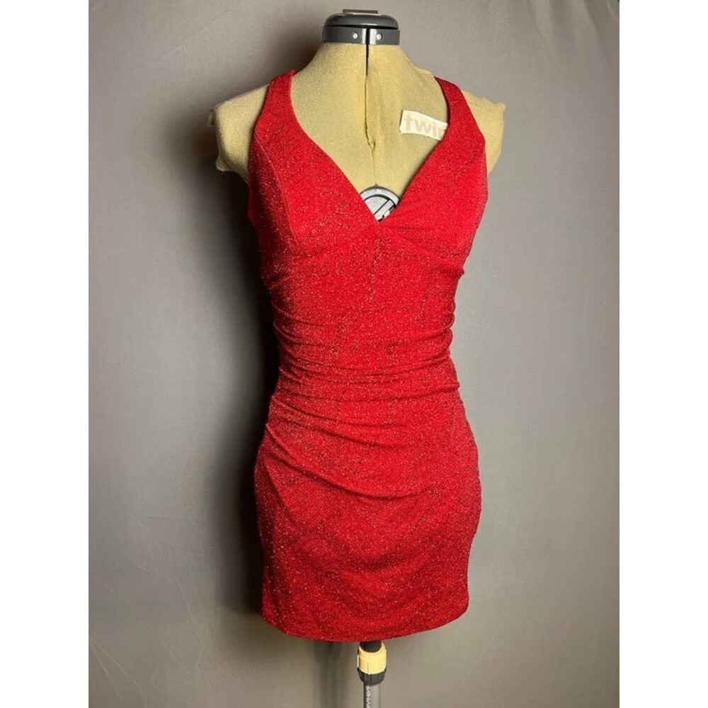 Windsor Women's S Red Metallic Sequin Cut Out Ruche Mini Dress